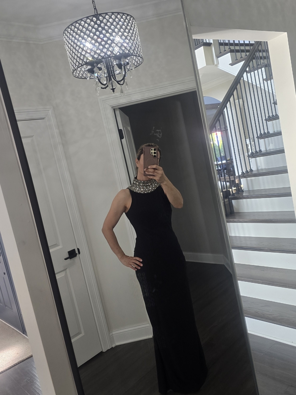 Elegant Black Evening Gown with Beaded Collar